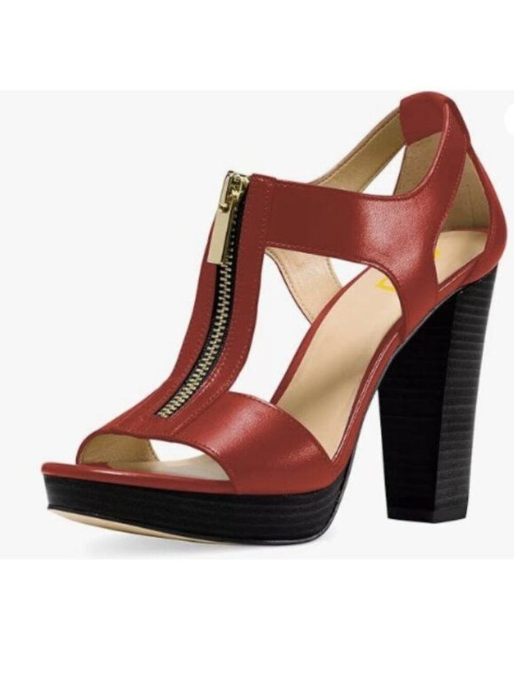 FSJ Women Peep Open Toe T-Strap Front Zipper Chunky Stacked High Heel Red Sandal